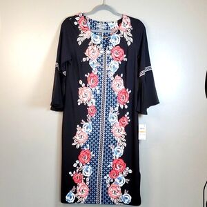 NWT JM Collection black, flowered, beaded dress. Flared sleeves, size small.